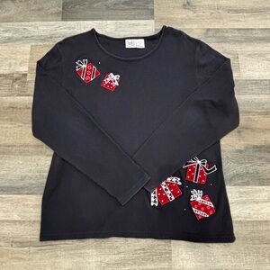 Black Long-Sleeve Holiday Tee with Red Gift Appliqués